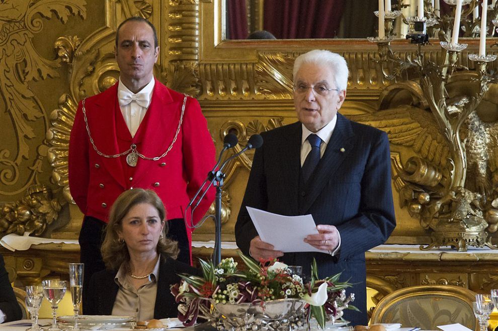 Il Presidente Sergio Mattarella nel corso del Brindisi in occasione della colazione offerta in onore dei Capi di Stato e di Governo e dei Vertici delle Istituzioni europee per il 60