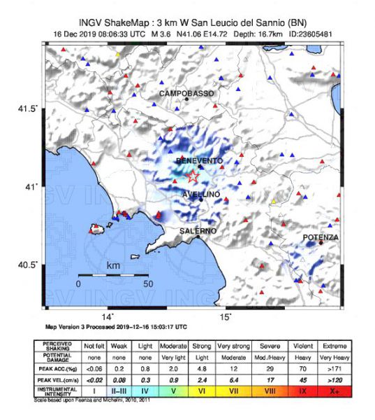 Distribuzione delle intensita' strumentali, misurata con la Scala Mercalli Modificata (MMI - Modified Mercalli Intensity) basata sui valori registrati di effettivo scuotimento del suolo in termini di accelerazione e velocita' del suolo