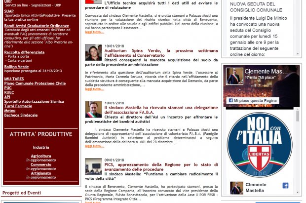 Il Sito Web del Comune di Benevento con le immagini di propaganda denunciate da Altrabenevento