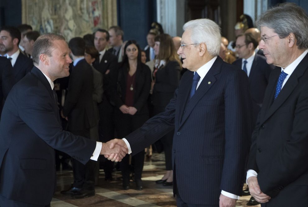 Il Presidente Sergio Mattarella, il Primo Ministro della Repubblica di Malta, Joseph Muscat, Presidente di turno UE e il Presidente del Consiglio, Paolo Gentiloni